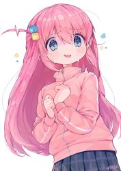 Rule 34 | 1girl, @ @, amakawa tamawo, black skirt, blue eyes, bocchi the rock!, commentary, cowboy shot, cube hair ornament, gotoh hitori, hair ornament, hands up, highres, jacket, long hair, long sleeves, looking at viewer, one side up, open mouth, pink hair, pink jacket, plaid, plaid skirt, pleated skirt, scared, side ahoge, signature, simple background, skirt, solo, sweat, track jacket, white background