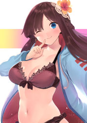 Rule 34 | 1girl, ;), bad id, bad pixiv id, bikini, bikini under clothes, blue eyes, blue jacket, blush, breasts, brown bikini, brown hair, cleavage, closed mouth, commentary request, drawstring, earrings, flower, front-tie bikini top, front-tie top, furukawa itsuse, hair flower, hair ornament, hand up, haruno nano, highres, hood, hood down, hooded jacket, iriam, jacket, jewelry, long hair, long sleeves, looking at viewer, medium breasts, navel, one eye closed, open clothes, open jacket, orange flower, smile, solo, swimsuit, virtual youtuber