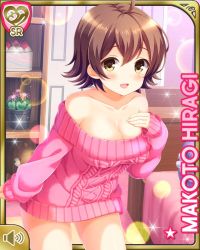 Rule 34 | 1girl, ahoge, bare shoulders, bottomless, brown eyes, brown hair, card (medium), character name, collarbone, girlfriend (kari), hand on own chest, hiragi makoto, indoors, kitchen, official art, pink sweater, qp:flapper, short hair, smile, solo, sweater