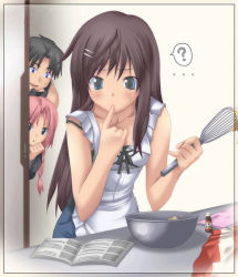 Rule 34 | ..., 2girls, ?, apron, bare shoulders, black hair, blue eyes, blush, book, bow, bowl, braid, brown hair, cooking, finger in own mouth, food, koku, long hair, mixing bowl, multiple girls, open mouth, pink hair, ribbon, smile, spoken question mark, sweat, whisk