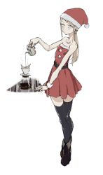 Rule 34 | 10s, 1girl, belt, black leggings, black thighhighs, blonde hair, boots, brown footwear, christmas, coffee, coffee maker, coffee pot, commentary request, dagashi kashi, dress, earrings, endou saya, eyebrows hidden by hair, hair ornament, hat, highres, jewelry, kettle, kotoyama, leggings, long hair, looking at viewer, piercing, pom pom (clothes), pouring, red hat, sanpaku, santa costume, santa dress, santa hat, simple background, solo, steam, thighhighs, white background, wrist cuffs