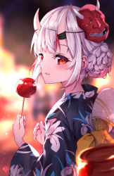 Rule 34 | 1girl, absurdres, black kimono, blurry, blurry background, blush, braid, braided bun, candy apple, closed mouth, commentary request, depth of field, fang, fang out, festival, floral print, food, grey hair, hair bun, hand fan, highres, holding, holding food, hololive, horns, japanese clothes, kimono, looking at viewer, looking back, masaki (msk064), mask, mask on head, multicolored hair, nakiri ayame, oni, oni mask, paper fan, print kimono, red eyes, red hair, skin-covered horns, smile, solo, streaked hair, uchiwa, virtual youtuber, yukata