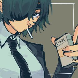 Rule 34 | 1girl, black hair, black jacket, black necktie, breasts, brown background, chainsaw man, cigarette, cigarette pack, collared shirt, eyepatch, formal, green eyes, hair over one eye, highres, himeno (chainsaw man), holding, holding cigarette pack, jacket, large breasts, liowig, looking at viewer, necktie, shirt, short hair, simple background, solo, suit, white shirt
