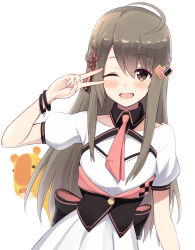 Rule 34 | 1girl, ahoge, alternate hairstyle, blush, brown eyes, brown hair, commentary request, female focus, hair ornament, highres, indie virtual youtuber, kusunoki shio, kusunoki shio (channel), long hair, looking at viewer, one eye closed, open mouth, simple background, solo, v, virtual youtuber, white background, yuukagen (poipoipopoino)