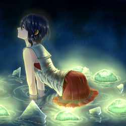 Rule 34 | 1girl, all fours, anchor print, blue background, broken glass, brown eyes, commentary request, from side, full body, glass, glowing, hair between eyes, hair ornament, highres, jellyfish, looking to the side, nakanobe mayumi, official art, parted lips, pleated skirt, profile, red skirt, reflection, ripples, sailor collar, see-through, shio kouji (shiokojii), shirt, shizuku no oto, short hair, skirt, sleeveless, sleeveless shirt, water, wet, wet clothes, wet shirt, white shirt