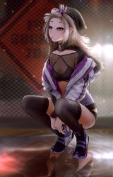 Rule 34 | 1girl, aa-12 (girls&#039; frontline), absurdres, bad id, bad pixiv id, bangs pinned back, between legs, black footwear, black hat, black panties, black thighhighs, blue eyes, blurry, blurry background, bright pupils, chain-link fence, character name, clothes writing, collarbone, commentary, crop top, double vertical stripe, drawstring, eyeshadow, fence, full body, fur-trimmed jacket, fur trim, girls&#039; frontline, grey hair, grey jacket, hair ornament, hand between legs, hat, highres, ice, jacket, long hair, long sleeves, looking away, looking up, makeup, mouth hold, no pants, panties, reflection, reflective floor, shoes, solo, squatting, star (symbol), star hair ornament, thighhighs, thighs, tsurime, turisasu, underwear, unzipped, zipper