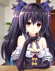 Rule 34 | 10s, 1girl, black gloves, black hair, blue ribbon, bow, bowtie, breasts, choker, cleavage, detached sleeves, dress, elbow gloves, female focus, gloves, hair ribbon, hirano katsuyuki, indoors, long hair, looking at viewer, medium breasts, neptune (series), noire (neptunia), red eyes, ribbon, sitting, sleeveless, sleeveless dress, solo, strapless, strapless dress, tsunako, twintails, upper body