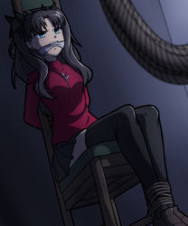 Rule 34 | 1girl, angry, bdsm, black hair, black skirt, black thighhighs, breasts, chair, chairtie, cleave gag, cloth gag, fate (series), gag, gagged, highres, improvised gag, legs together, long sleeves, magnolia-baillon, medium breasts, red shirt, shirt, shoes, sitting, skirt, teeth, thighhighs, tohsaka rin, twintails, upper teeth only, uwabaki, zettai ryouiki