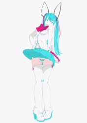Rule 34 | 1girl, aqua eyes, aqua hair, bad id, bad pixiv id, boots, bow, bthx, elbow gloves, female focus, full body, gloves, hair ribbon, hatsune miku, highres, long hair, panties, ribbon, simple background, skirt, solo, striped clothes, striped panties, thigh boots, thighhighs, twintails, underwear, vocaloid, white background, zettai ryouiki
