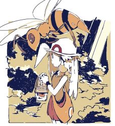 Rule 34 | 1girl, bag, beedrill, border, closed mouth, creatures (company), day, game freak, gen 1 pokemon, hair flaps, hat, holding, leaf (pokemon), lillin, long hair, looking to the side, nintendo, on head, on shoulder, outdoors, pokemon, pokemon (creature), pokemon frlg, pokemon on head, pokemon on shoulder, shirt, shoulder bag, skirt, sleeveless, sleeveless shirt, weedle, white border, white headwear