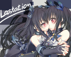 Rule 34 | 10s, 2girls, bare shoulders, black hair, blush, bow, elbow gloves, eye contact, female focus, gloves, hair ornament, hair ribbon, holding hands, imminent kiss, incest, long hair, looking at another, minagi, multiple girls, neptune (series), noire (neptunia), own hands together, red eyes, ribbon, siblings, sisters, twintails, two side up, uni (neptunia), uranaishi (miraura), very long hair, yuri