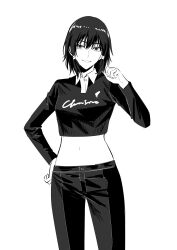 Rule 34 | 1girl, absurdres, chainsaw man, collared shirt, commentary, cowboy shot, crop top, greyscale, grin, hand on own hip, highres, long sleeves, looking back, medium hair, midriff, mifune fumiko, monochrome, navel, pants, polo shirt, shirt, simple background, smile, solo, suprii, white background
