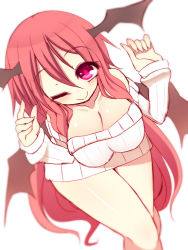 Rule 34 | 1girl, alternate costume, bare shoulders, bat wings, blush, breasts, cleavage, head wings, koakuma, kuresento, large breasts, long hair, looking at viewer, naked sweater, one eye closed, red eyes, red hair, simple background, smile, solo, sweater, touhou, white background, wings, wink