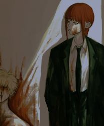 Rule 34 | 1boy, 1girl, black coat, black necktie, bleeding, blonde hair, blood, blood from mouth, blood on clothes, blood on face, blood on wall, blood splatter, chainsaw man, coat, denji (chainsaw man), formal, hands in pockets, highres, injury, inuo (inuo x), long hair, looking at another, makima (chainsaw man), necktie, nosebleed, orange eyes, parted lips, red hair, suit