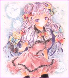 Rule 34 | 1girl, alternate costume, bad id, bad pixiv id, black thighhighs, blush, border, bow, breasts, candy, colored pencil (medium), crescent, crescent hair ornament, double bun, dress, flower, food, frilled dress, frills, gloves, gradient background, hair bun, hair ornament, hair ribbon, layered dress, leaning forward, lollipop, long hair, looking at viewer, marker (medium), medium breasts, no headwear, orange flower, orange rose, painting (medium), patchouli knowledge, potto, potto (minntochan), puffy short sleeves, puffy sleeves, purple eyes, purple hair, ribbon, rose, short sleeves, smile, solo, swirl lollipop, thighhighs, touhou, traditional media, tress ribbon, very long hair, watercolor (medium)