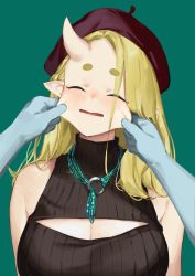 Rule 34 | 1girl, ?, beret, blonde hair, breasts, cheek pinching, cleavage, cleavage cutout, closed eyes, clothing cutout, hat, highres, horns, large breasts, light frown, long hair, nashidrop, open mouth, original, pear (nashidrop), pinching, pointy ears, pov, single horn, solo, thick eyebrows, turtleneck