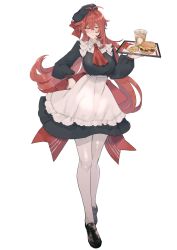 Rule 34 | 1girl, alternate costume, antenna hair, apron, beret, black dress, black hat, black pantyhose, blush, breasts, burger, closed mouth, commentary request, cup, diluc (genshin impact), disposable cup, dress, enmaided, food, french fries, frilled apron, frills, full body, genderswap, genderswap (mtf), genshin impact, hat, highres, holding, holding tray, large breasts, long hair, long sleeves, maid, maid apron, pantyhose, puffy sleeves, red eyes, red hair, shoes, skirt, solo, sweat, tabibitowayo, tray, waist apron, waitress, water, white background, white pantyhose