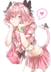 Rule 34 | 1boy, astolfo (fate), astolfo (sailor paladin) (fate), bad id, bad twitter id, bag, black ribbon, blush, bracelet, braid, dore (gilles dore), fate/apocrypha, fate/grand order, fate (series), hair over shoulder, hands on own cheeks, hands on own face, heart, hip bones, jewelry, leaning forward, long braid, long hair, looking at viewer, male focus, midriff, navel, official alternate costume, pink eyes, pink hair, pink sailor collar, pink skirt, pink tail, pleated skirt, pout, pouty lips, ribbon, sailor collar, school bag, school uniform, serafuku, shirt, simple background, single braid, skirt, speech bubble, tail, tail ornament, tail ribbon, thighhighs, toned, trap, white background, white shirt