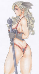 Rule 34 | 1girl, armor, ass, bare shoulders, bikini, bikini armor, breasts, brown eyes, butt crack, commentary request, cowboy shot, feather hair ornament, feathers, gloves, grey gloves, grey hair, hair behind ear, hair ornament, highleg, highleg bikini, holding, holding weapon, large breasts, lips, long hair, mace, nemui333, nose, original, simple background, solo, swimsuit, thighs, traditional media, twisted torso, wavy hair, weapon, white background