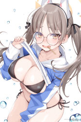 Rule 34 | 1girl, artist name, bikini, bikini under clothes, black bikini, black ribbon, blue archive, breasts, brown hair, dated, glasses, hair ribbon, hattori masaki, highres, large breasts, lifted by self, long hair, long sleeves, looking at viewer, moe (blue archive), moe (swimsuit) (blue archive), official alternate costume, ribbon, round eyewear, side-tie bikini bottom, solo, sweat, swimsuit, twintails, yellow eyes