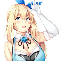 Rule 34 | 1girl, arm up, bare shoulders, black ribbon, blonde hair, blue dress, blue eyes, blue flower, blue rose, blush, breasts, chrisandita, cleavage, collar, commentary, detached collar, dress, elbow gloves, english commentary, flower, gloves, hair ribbon, highres, large breasts, long hair, looking at viewer, mirai akari, mirai akari project, open mouth, ribbon, rose, side ponytail, smile, solo, virtual youtuber, waving, white gloves