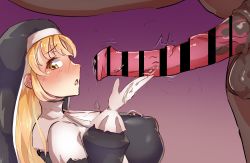Rule 34 | animal penis, bestiality, blonde hair, blush, breasts, censored, covered erect nipples, gloves, habit, highres, horse, horse penis, large breasts, meshiiro (rome sy), nijisanji, nun, penis, precum, sister claire, tagme, virtual youtuber, yellow eyes
