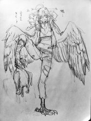 Rule 34 | 10s, 1girl, ahoge, animal, bird, breasts, cleavage, duck, feathered wings, holding with feet, full body, greyscale, harpy, haru (monster musume), kanemaki thomas, long hair, looking at viewer, medium breasts, monochrome, monster girl, monster musume no iru nichijou, monster musume no iru nichijou online, navel, raptor harpy (monster musume), scales, sketch, smile, solo, talons, traditional media, translation request, winged arms, wings