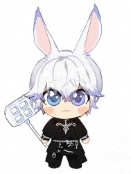 Rule 34 | 1boy, :3, animal ears, black coat, blue eyes, blush stickers, chibi, chibi only, coat, final fantasy, final fantasy xiv, gg dal, hammer, heterochromia, holding, holding hammer, long sleeves, looking at viewer, male focus, purple eyes, rabbit ears, simple background, solo, viera, warrior of light (ff14), white background, white hair