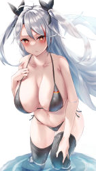 Rule 34 | 1girl, alexi oekaki, azur lane, bikini, blush, breasts, cleavage, collarbone, grey bikini, grey hair, grey thighhighs, hair tie, highres, large breasts, leaning forward, long hair, looking at viewer, multicolored hair, navel, parted lips, prinz eugen (azur lane), prinz eugen (unfading smile) (azur lane), solo, streaked hair, swimsuit, thighhighs, twintails, very long hair, wading, white background, yellow eyes