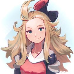 Rule 34 | 1girl, ahoge, blonde hair, blue eyes, blurry, blush, bravely default: flying fairy, bravely default (series), closed mouth, commentary, edea lee, hair ornament, head tilt, highres, light blush, long hair, looking at viewer, reiesu (reis), shirt, signature, smile, solo