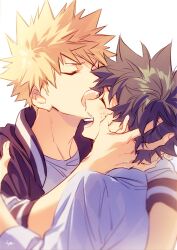 Rule 34 | 2boys, arm around back, arm on another&#039;s shoulder, arm up, bakugou katsuki, black jacket, blonde hair, boku no hero academia, collared shirt, couple, freckles, grey hair, hand in another&#039;s hair, hegi, highres, jacket, laughing, male focus, midoriya izuku, multiple boys, open clothes, open jacket, open mouth, shirt, simple background, spiked hair, striped clothes, teeth, upper body, upper teeth only, white background, white shirt, wrist cuffs, yaoi