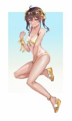 Rule 34 | 1girl, absurdres, ahoge, anklet, bare arms, bare shoulders, bikini, breasts, brown hair, cleavage, closed mouth, collarbone, eyewear on head, flower, front-tie bikini top, front-tie top, full body, green eyes, groin, hair flower, hair ornament, halterneck, hand up, highres, hololive, jewelry, joeychen, long hair, looking at viewer, natsuiro matsuri, natsuiro matsuri (summer 2020), one-piece tan, ribbon, sandals, small breasts, smile, solo, sunflower, sunglasses, swimsuit, tan, tanline, thighs, twintails, virtual youtuber, wrist ribbon, yellow bikini