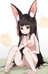 Rule 34 | 1girl, absurdres, animal ear fluff, animal ears, azur lane, barefoot, black hair, blunt bangs, breasts, cleft of venus, commission, commissioner upload, feet, fox ears, fox mask, full body, hand on own chest, highres, jewelry, knees up, long hair, manjuu (azur lane), mask, mask on head, medium breasts, nagato (azur lane), nagato (great fox&#039;s respite) (azur lane), necklace, nipples, non-web source, parted lips, pussy, sidelocks, sitting, skeb commission, solo, tatami, toes, unitedunti, very long hair, white background, yellow eyes
