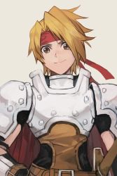 Rule 34 | 1boy, armor, blonde hair, closed mouth, cress albane, hungry clicker, looking at viewer, male focus, namco, simple background, smile, solo, sword, tales of (series), tales of phantasia, weapon