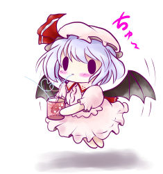 Rule 34 | 1girl, blush, drinking, drinking straw, female focus, remilia scarlet, short hair, simple background, solid circle eyes, solo, touhou, white background, wings, yume shokunin