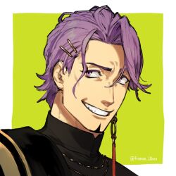 Rule 34 | 1boy, artist name, black shirt, duryodhana (fate), earrings, facial hair, fate/grand order, fate (series), freeze 10min, goatee, goatee stubble, green background, hair ornament, hairclip, highres, jewelry, male focus, mature male, necklace, portrait, purple eyes, purple hair, sash, shirt, short hair, shoulder sash, single earring, smile, solo, stubble, two-tone background, upper body, white background