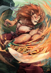Rule 34 | 1boy, abs, artist name, body fur, bracelet, brown fur, brown hair, claws, commentary request, ear piercing, fire, flaming sword, flaming weapon, foot out of frame, furry, furry male, green background, green sky, hands up, highres, holding, holding sword, holding weapon, jewelry, lion boy, long hair, looking at viewer, male focus, mane, minksama, muscular, muscular male, no shirt, open mouth, original, outdoors, piercing, solo, standing, sword, weapon, yellow eyes