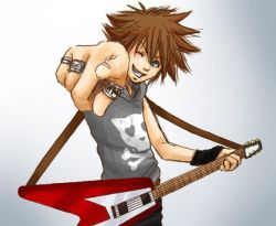 Rule 34 | 1boy, blue eyes, brown hair, electric guitar, guitar, hood, hoodie, instrument, jewelry, kingdom hearts, looking at viewer, male focus, pointing, pointing at viewer, ring, skull and crossbones, solo, sora (kingdom hearts), wink, wristband