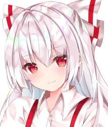 Rule 34 | 1girl, blush, bow, buttons, closed mouth, collared shirt, commentary request, dot nose, eyelashes, fujiwara no mokou, hair bow, long hair, looking at viewer, nanase nao, portrait, red eyes, shirt, sidelocks, silver hair, simple background, slit pupils, smile, solo, standing, suspenders, touhou, two-tone bow, upper body, white background, white shirt, wing collar