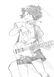 Rule 34 | 1girl, absurdres, bass guitar, blush, boku no hero academia, cable, choker, commentary request, feet out of frame, fender jazz bass, graphite (medium), greyscale, guitar, highres, horikoshi kouhei, instrument, jirou kyouka, looking to the side, miniskirt, monochrome, music, official art, playing instrument, pleated skirt, shirt, short hair, short sleeves, skirt, solo, sweat, t-shirt, traditional media