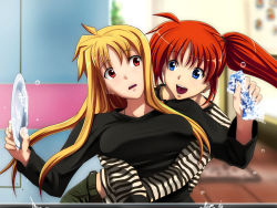 Rule 34 | 00s, 2girls, blonde hair, blue eyes, breasts, fate testarossa, hug, hug from behind, large breasts, lyrical nanoha, mahou shoujo lyrical nanoha, mahou shoujo lyrical nanoha strikers, multiple girls, nazo kichi, open mouth, plate, red eyes, red hair, shirt, smile, sponge, striped clothes, striped shirt, surprised, takamachi nanoha, taut clothes, taut shirt