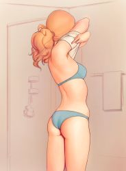 Rule 34 | 1girl, absurdres, armpits, arms up, ass, back, bare shoulders, bathroom, blue bra, blue panties, bra, breasts, ceiling, clothes lift, crossed arms, facing away, from side, hair tie, highres, huge filesize, i0525, indoors, legs together, lifted by self, long hair, looking to the side, medium breasts, monochrome background, orange hair, original, panties, partially colored, ponytail, shirt, shirt lift, short sleeves, shower (place), skindentation, solo, sponge, standing, thighs, towel, towel rack, underwear, underwear only, undressing, wavy hair, white shirt