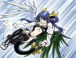 Rule 34 | 1girl, arc system works, asymmetrical wings, bad anatomy, bad proportions, blue hair, dizzy (guilty gear), guilty gear, poorly drawn, red eyes, ribbon, solo, tail, tail ornament, tail ribbon, thighhighs, wings