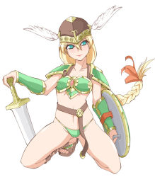 Rule 34 | 1girl, ankle lace-up, aqua eyes, armor, bad id, bad pixiv id, bikini armor, blonde hair, blush, bow, braid, company connection, cosplay, cross-laced footwear, gladiator sandals, green armor, hair bow, head wings, helmet, kneeling, ruriwo (ruriwo1894), sandals, shield, single braid, solo, sophitia alexandra, soul calibur, spread legs, sword, valkyrie (vnd), valkyrie (vnd) (cosplay), valkyrie no densetsu, weapon, white background, winged helmet, wings