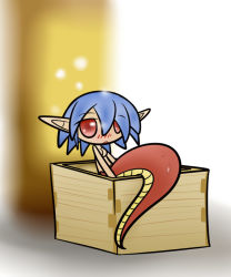 Rule 34 | 1girl, blue hair, blush, box, cardboard box, concave, lamia, monster girl, pointy ears, red eyes, solo