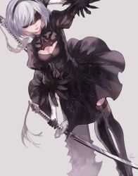 Rule 34 | 1girl, black dress, blindfold, bow, cleavage cutout, clothing cutout, dress, feather-trimmed sleeves, feather trim, gloves, hair bow, kaneblob, katana, lips, mole, mole under mouth, nier, nier (series), nier:automata, outstretched arm, short dress, short hair, silver hair, simple background, solo, sword, thighhighs, vambraces, weapon, 2b (nier:automata)