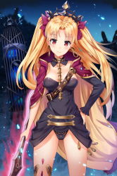 Rule 34 | 1girl, asymmetrical sleeves, black leotard, black nails, black sleeves, blonde hair, bow, breasts, cape, chisi, choker, cleavage, collarbone, cowboy shot, detached sleeves, diadem, earrings, ereshkigal (fate), fate/grand order, fate (series), floating hair, hair bow, hand on own hip, head tilt, highleg, highleg leotard, highres, holding, holding weapon, jewelry, leotard, long hair, looking at viewer, medium breasts, nail polish, red bow, red cape, red eyes, single sleeve, solo, standing, strapless, strapless leotard, twintails, two side up, uneven sleeves, very long hair, weapon