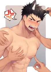 Rule 34 | 1boy, abs, anger vein, animal ears, bara, black hair, cat boy, cat ears, completely nude, fangs, grabbing, grabbing another&#039;s ear, groping, hand on another&#039;s ear, hao (haozz), large pectorals, looking at viewer, male focus, muscular, muscular male, nipples, nude, original, pectoral grab, pectorals, pov, red eyes, saliva, saliva trail, scar, scar across eye, scar on face, short hair, solo focus, undercut