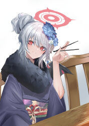 Rule 34 | 1girl, absurdres, arima (step speed), blue archive, chopsticks, flower, hair flower, hair ornament, halo, haruna (blue archive), highres, holding, holding chopsticks, japanese clothes, kimono, red eyes, simple background, white background, white hair