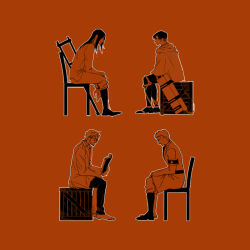 Rule 34 | 4boys, aged up, amuii, book, crate, crutch, eren yeager, facing another, from side, full body, glasses, holding, holding book, levi (shingeki no kyojin), male focus, monochrome, multiple boys, no eyes, on chair, orange background, orange theme, outline, profile, reiner braun, shingeki no kyojin, short hair, simple background, sitting, white outline, zeke yeager